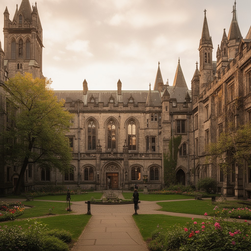 AI-generated illustration of Trinity College quadrangle