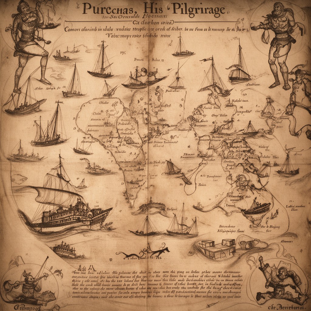 AI-generated illustration of Samuel Purchas’s travel book Purchas, His Pilgrimage