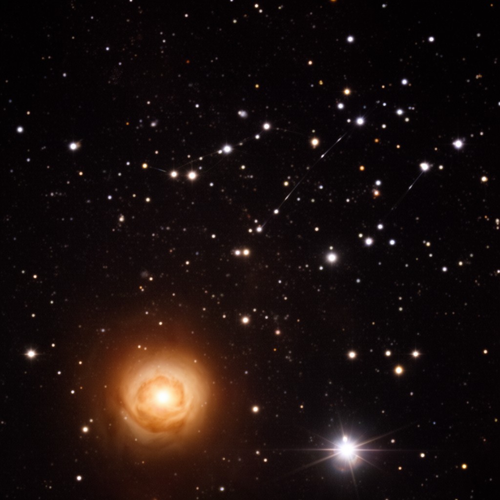 AI-generated illustration of Aldebaran (foreground star, not a member)