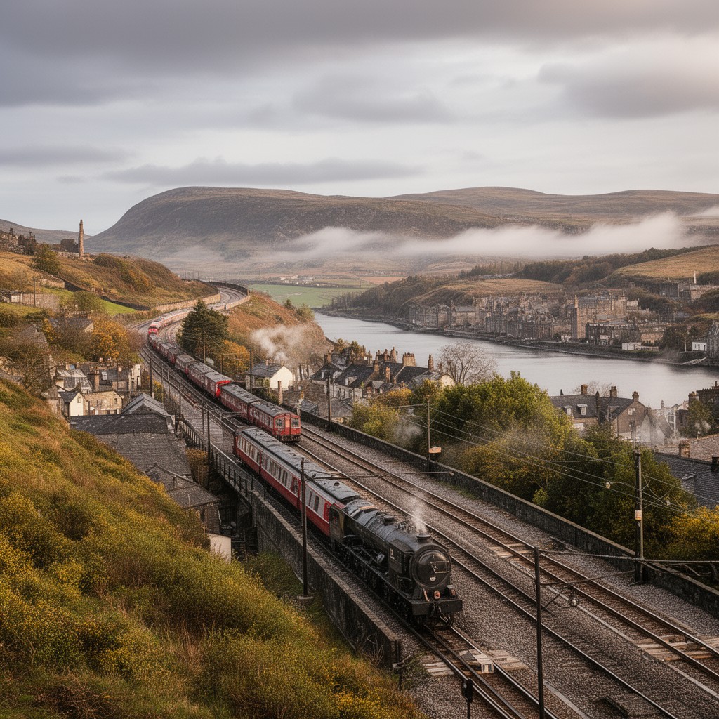 AI-generated illustration of Edinburgh–Aberdeen railway route