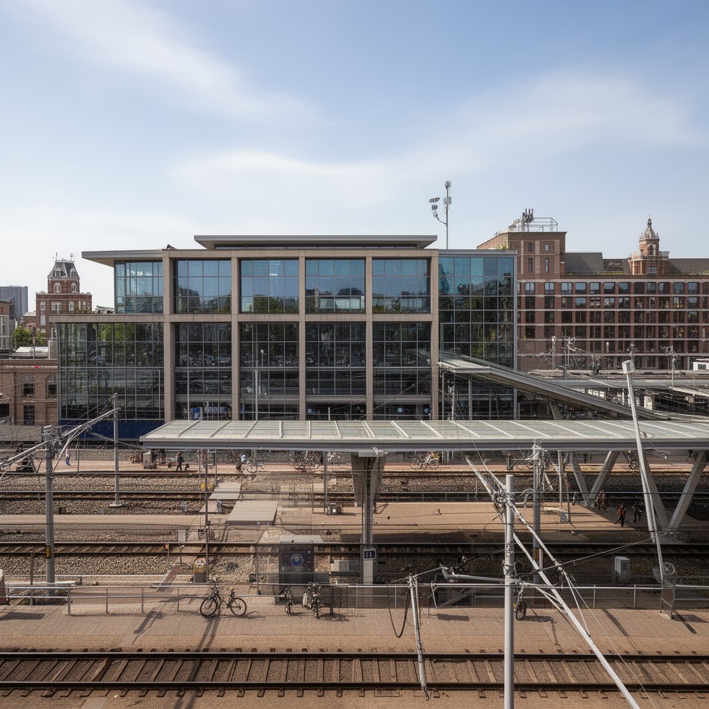 AI-generated illustration of Municipal Offices and Train Station Delft