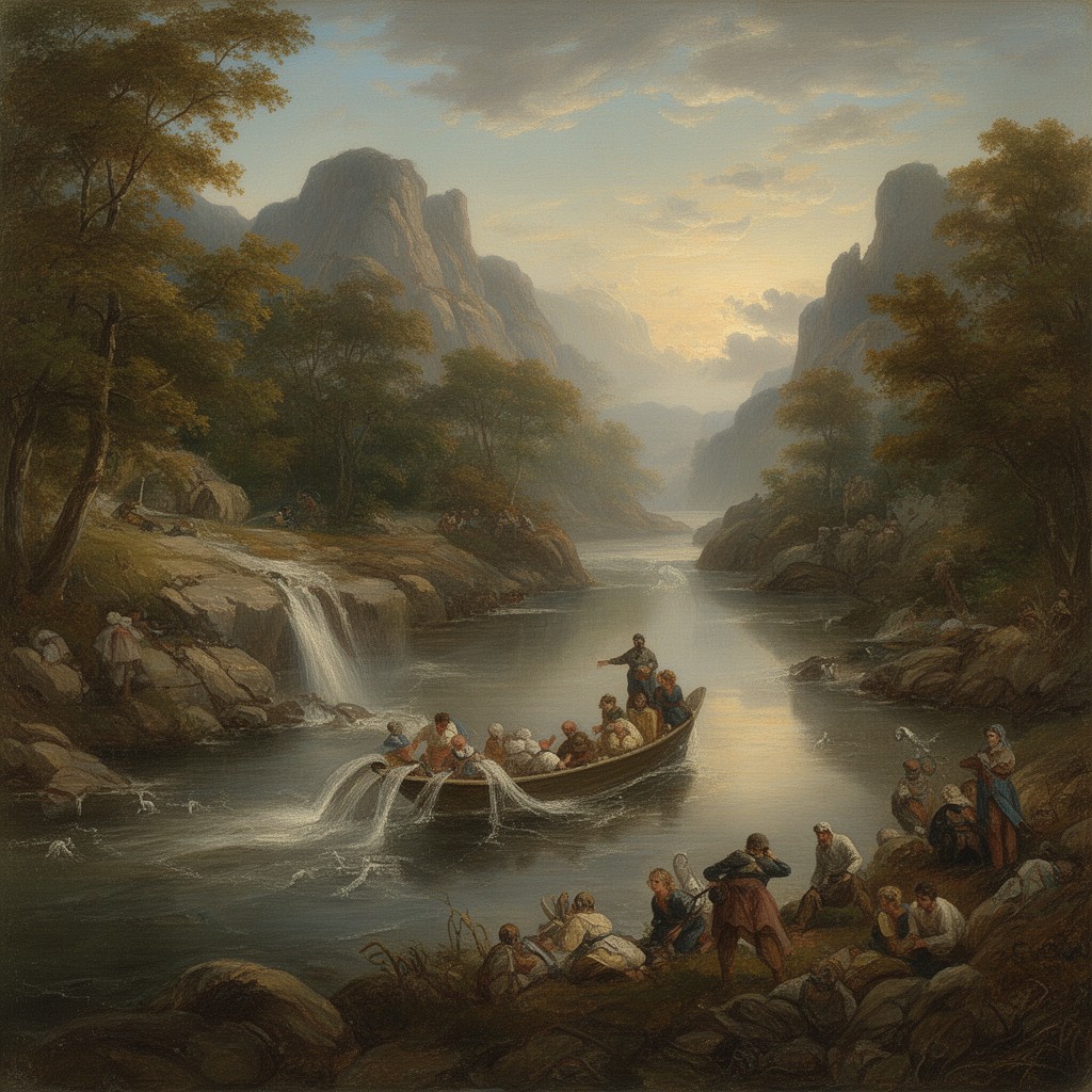 AI-generated illustration of The Voyage of Life series by Thomas Cole