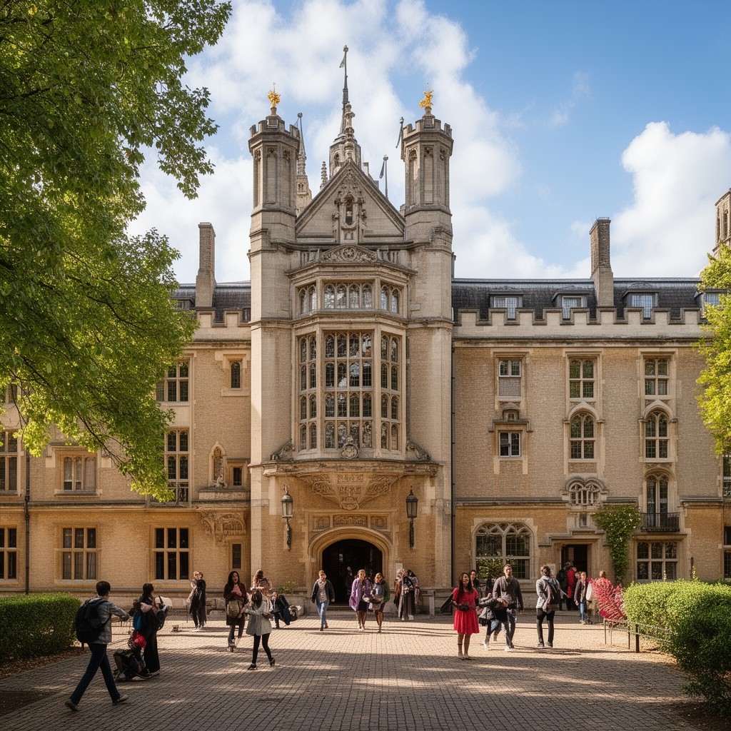 AI-generated illustration of Hughes Hall, Cambridge