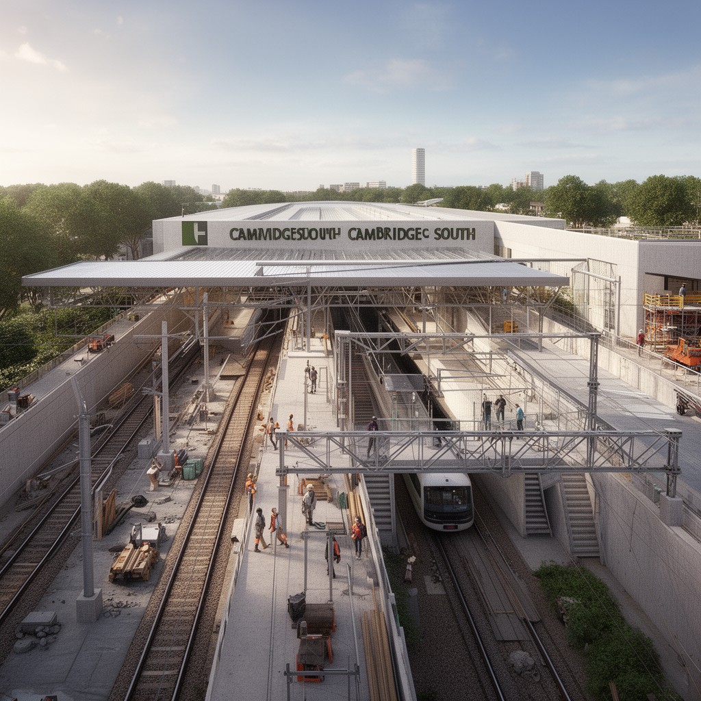 AI-generated illustration of Cambridge South railway station (planned/under construction)