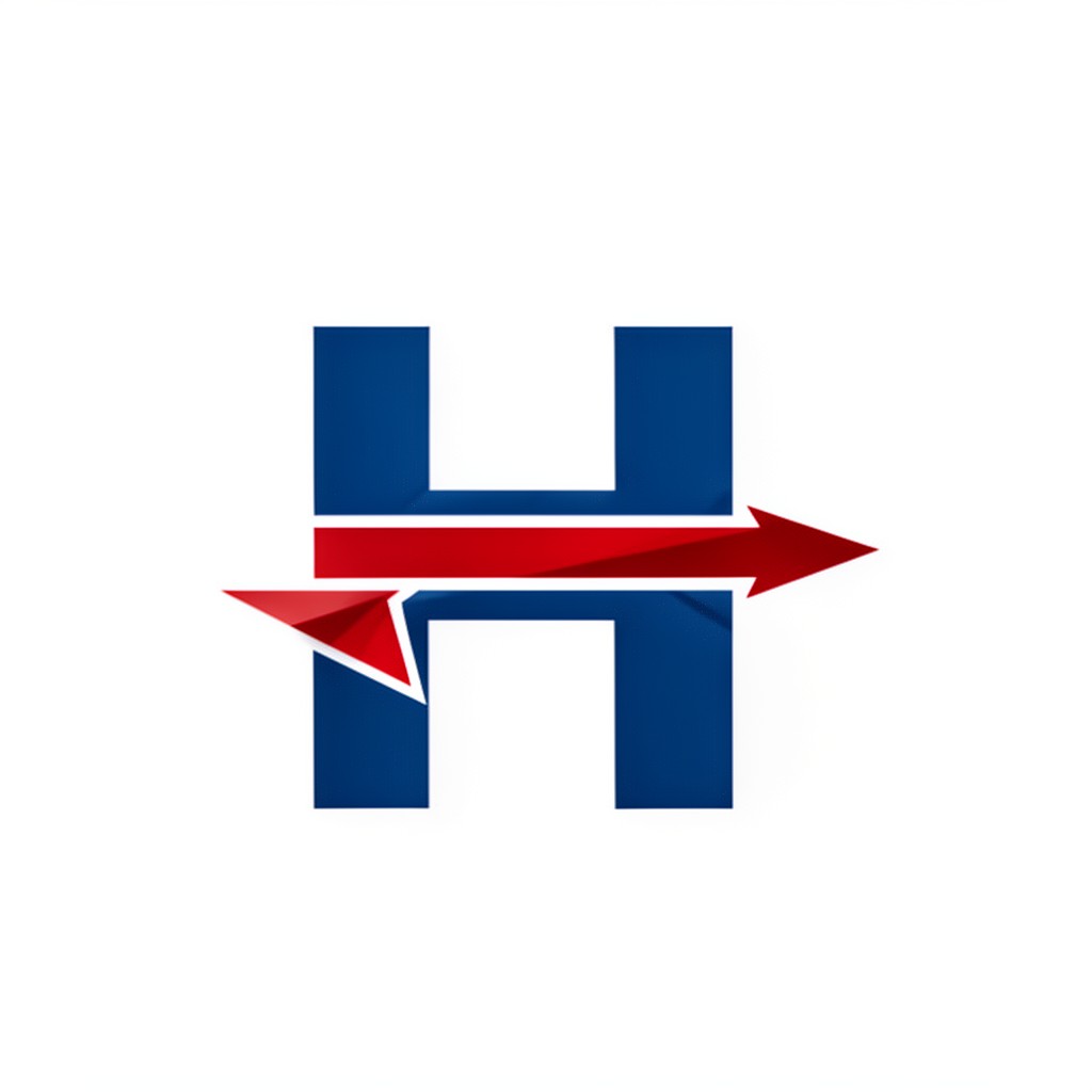 AI-generated illustration of blue H with red arrow logo