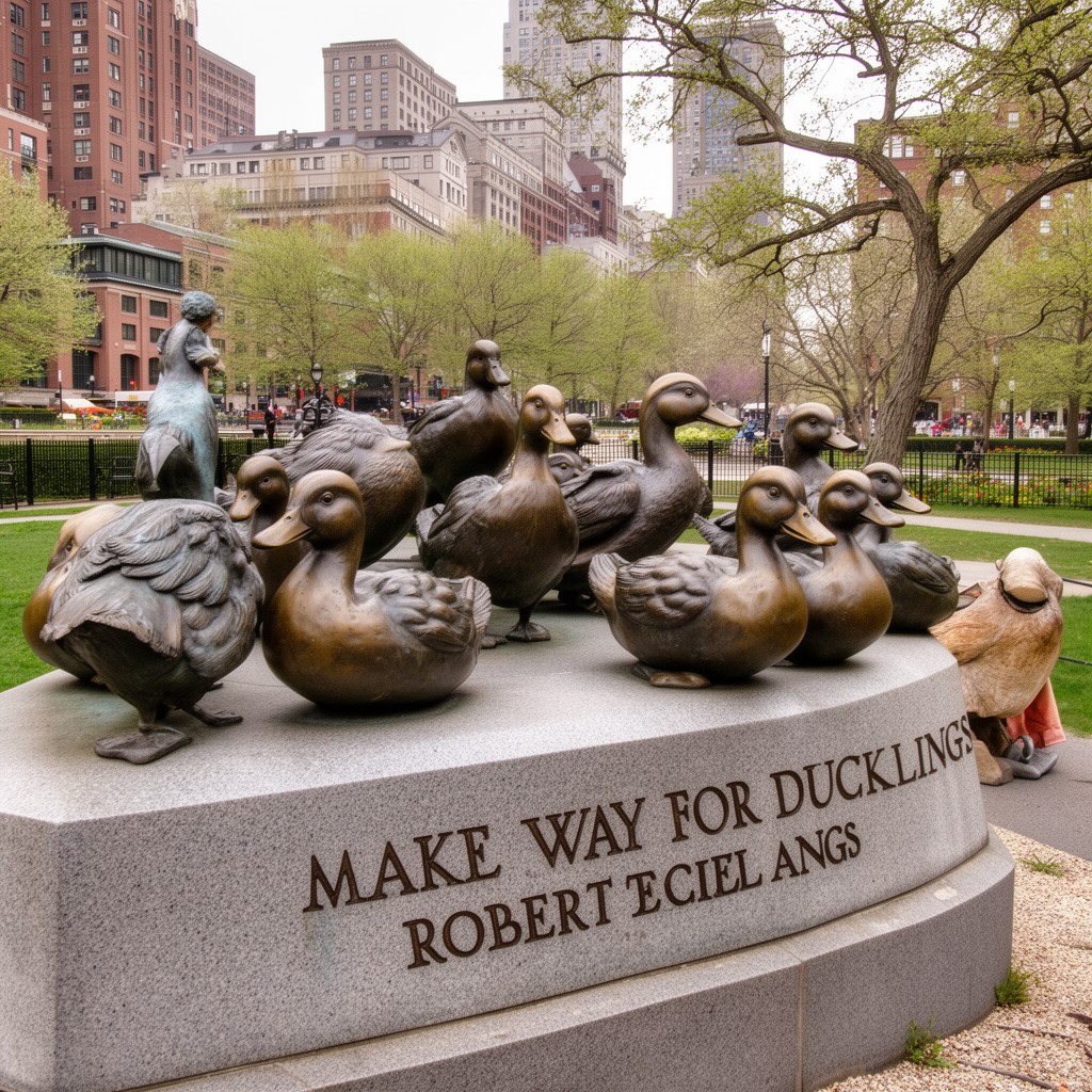 AI-generated illustration of Make Way for Ducklings sculpture