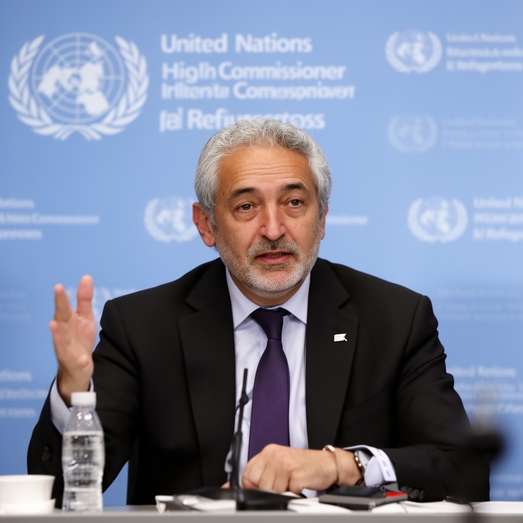 AI-generated illustration of Filippo Grandi as United Nations High Commissioner for Refugees