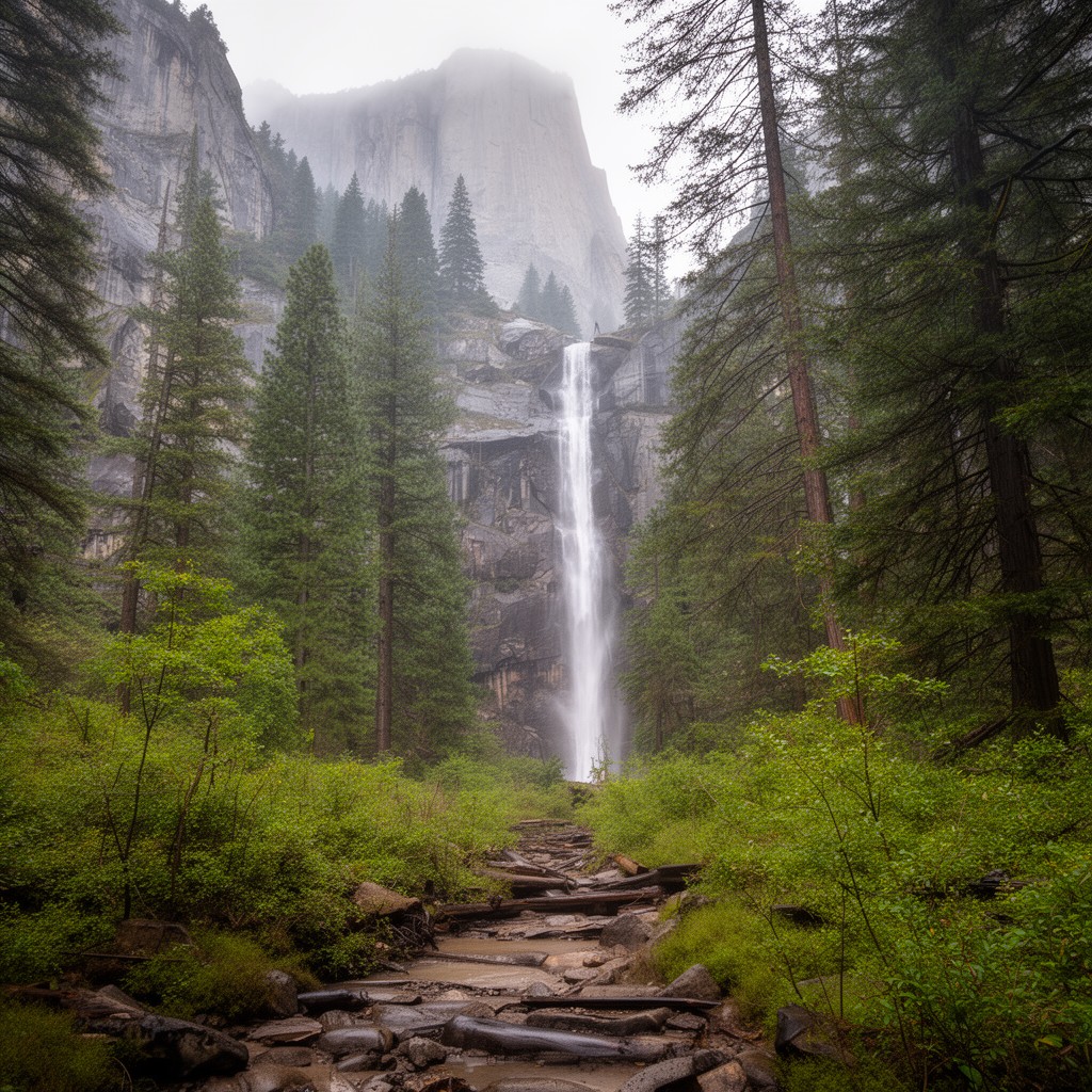 AI-generated illustration of Mist Trail and John Muir Trail to Sub Dome