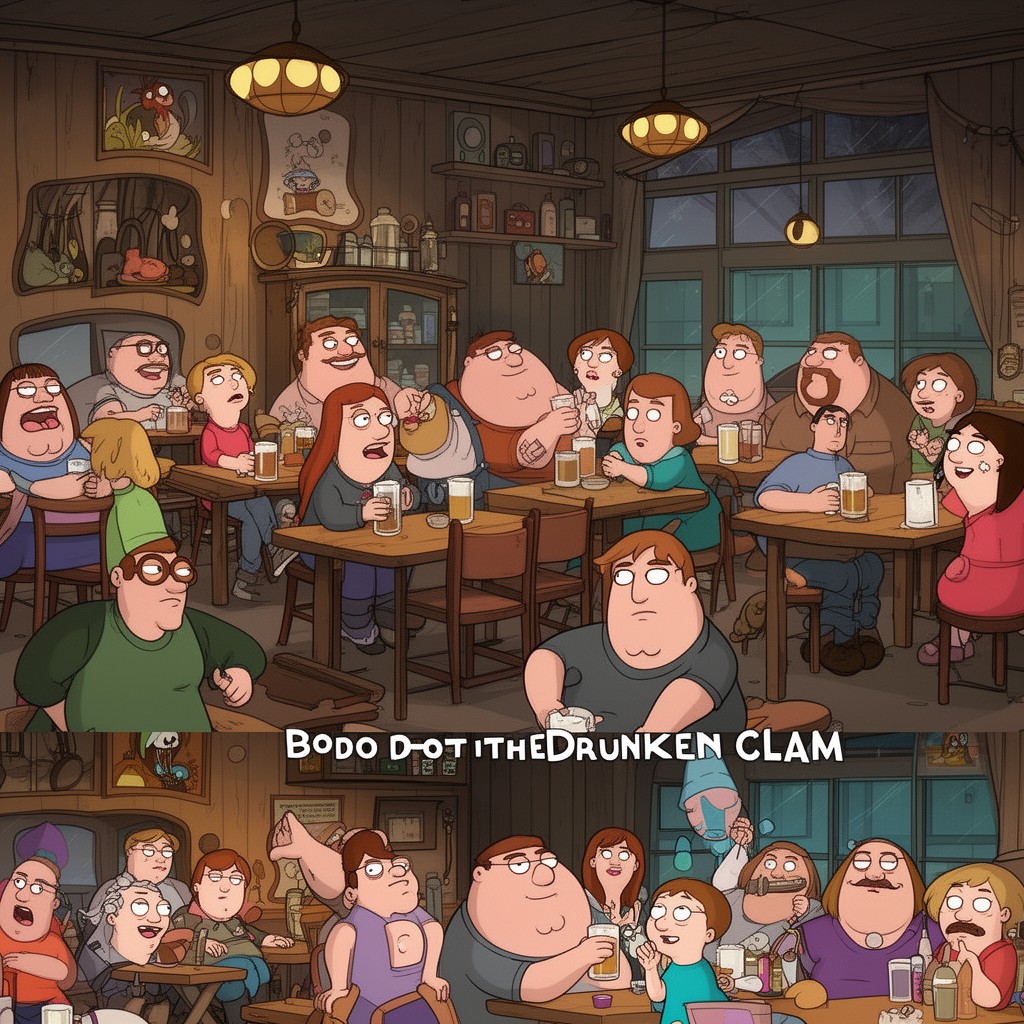 AI-generated illustration of The Drunken Clam regulars