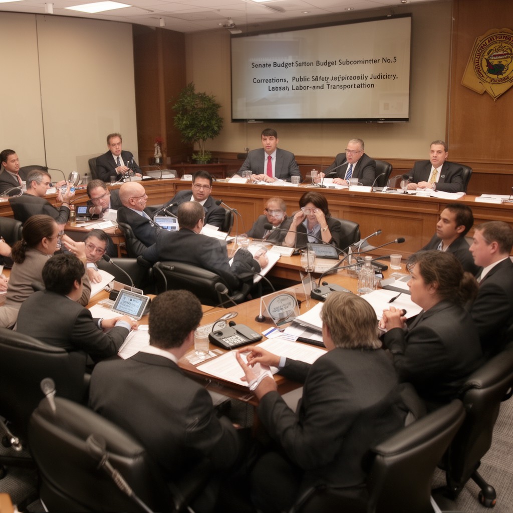 AI-generated illustration of Senate Budget Subcommittee No. 5 on Corrections, Public Safety, Judiciary, Labor and Transportation