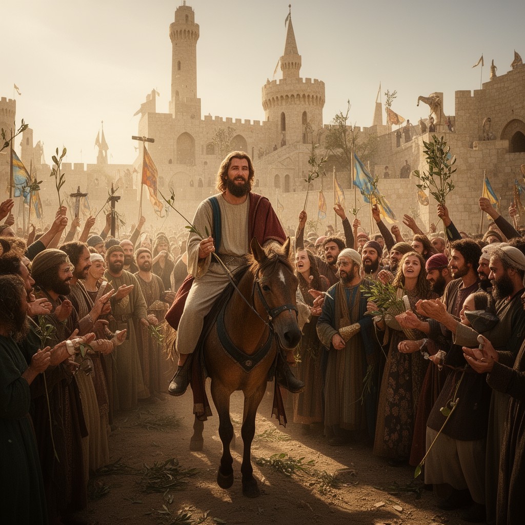 AI-generated illustration of Triumphal Entry into Jerusalem
