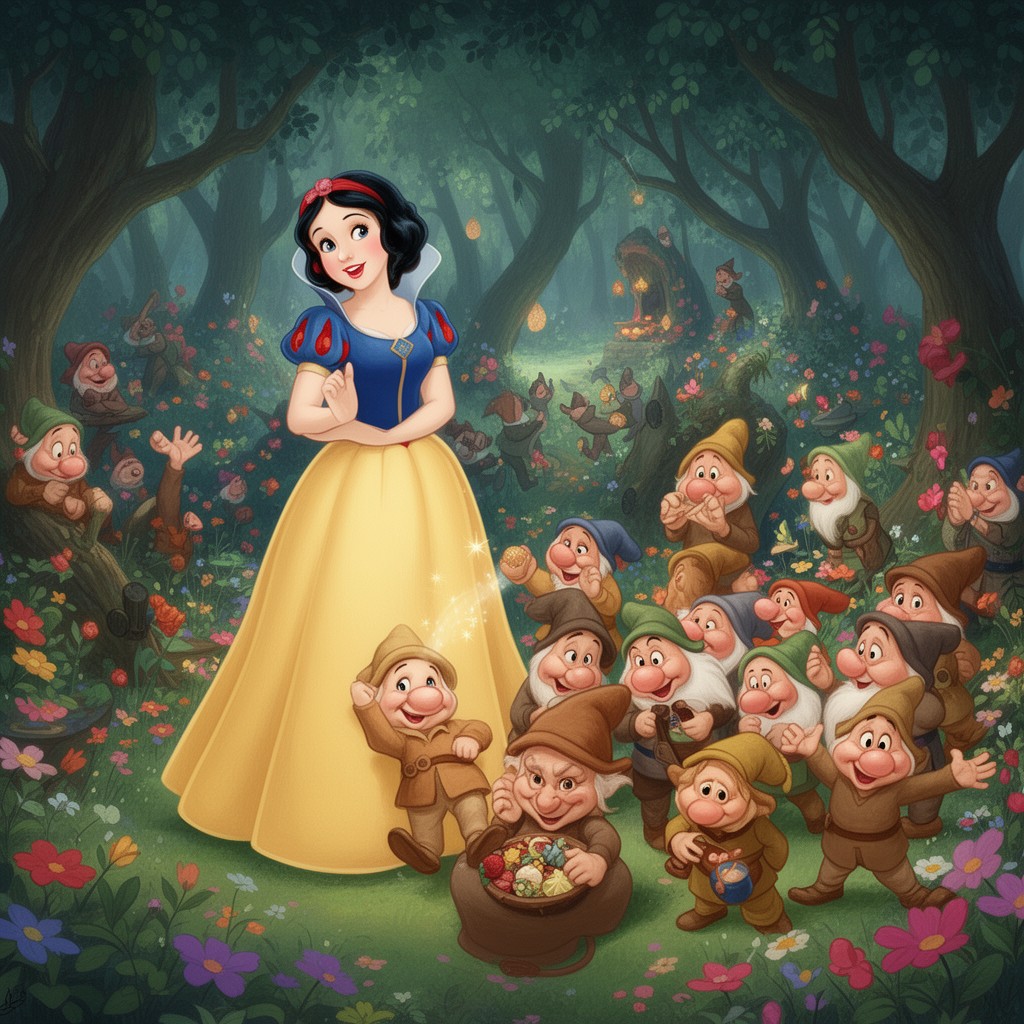 AI-generated illustration of Snow White and the Seven Dwarfs