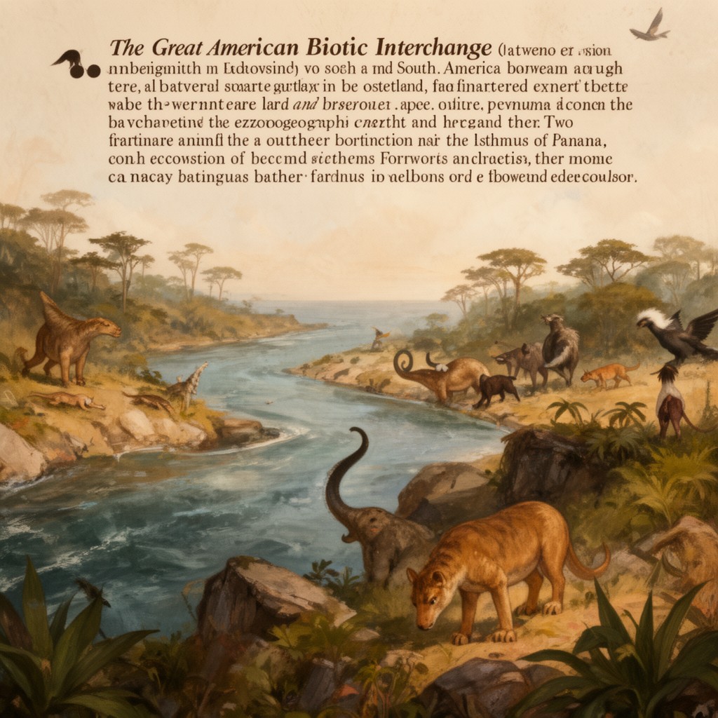 AI-generated illustration of Great American Biotic Interchange between North and South America