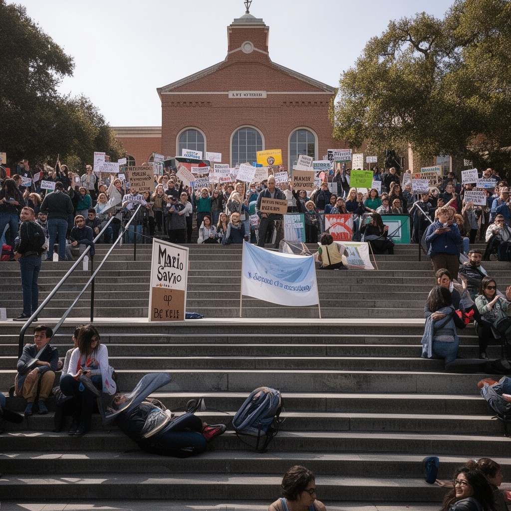 AI-generated illustration of Mario Savio Steps at Sproul Hall, UC Berkeley