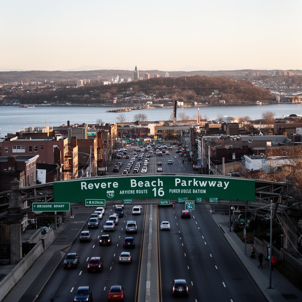 AI-generated illustration of Route 16 (Revere Beach Parkway)