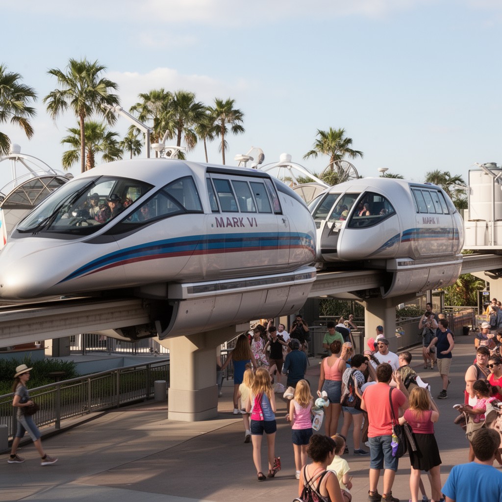 AI-generated illustration of Mark VI monorail trains