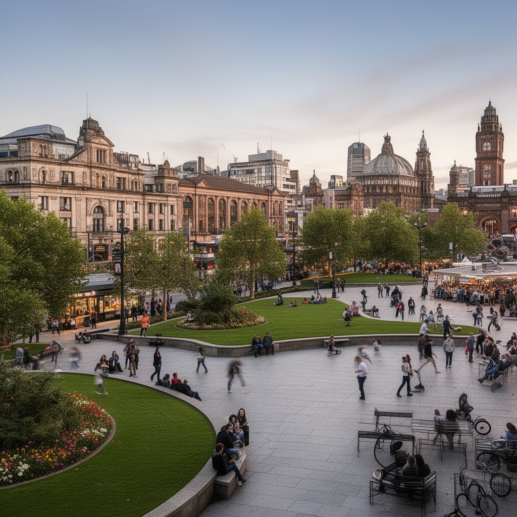 AI-generated illustration of Piccadilly Gardens