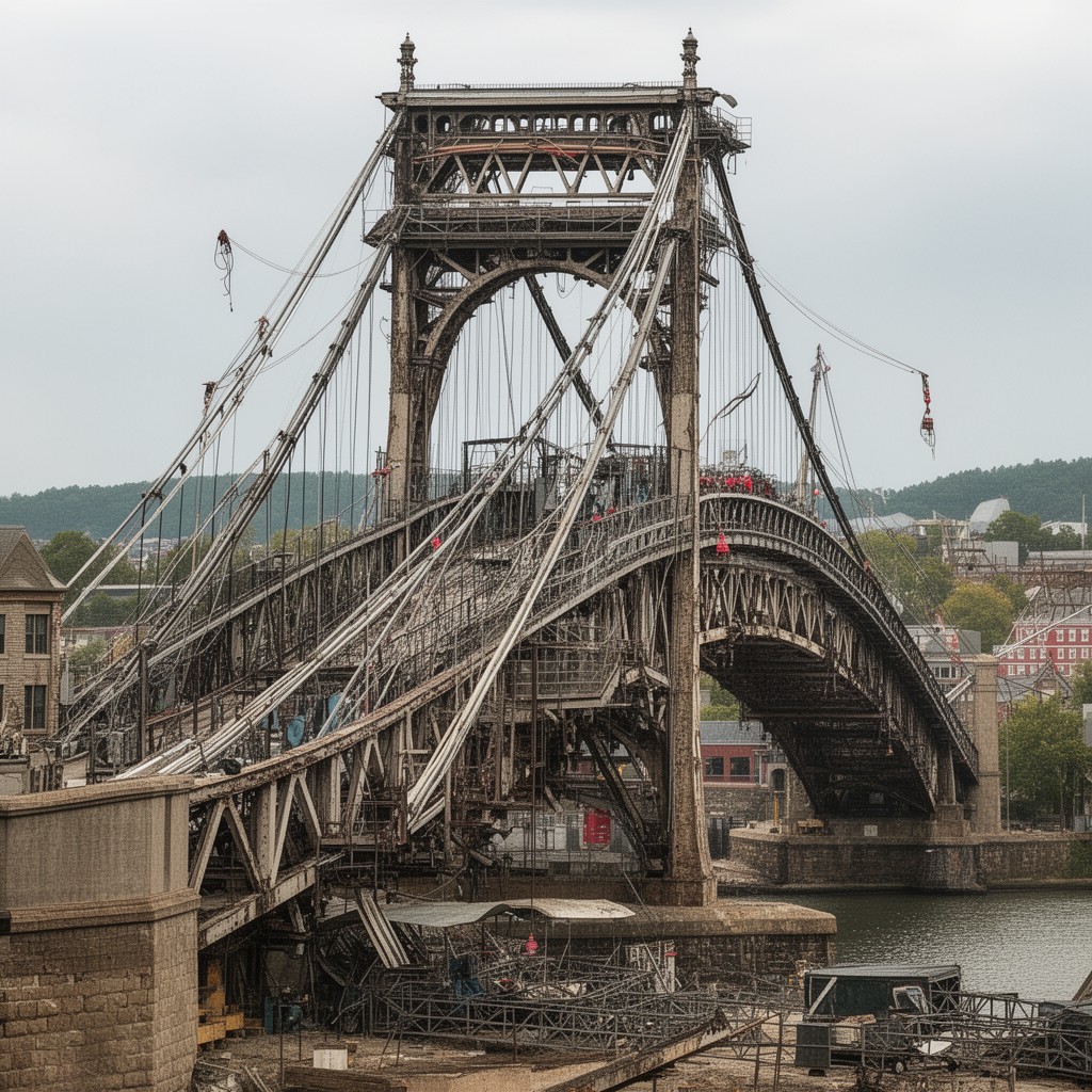 AI-generated illustration of Wheeling Suspension Bridge (rehabilitation and cables)