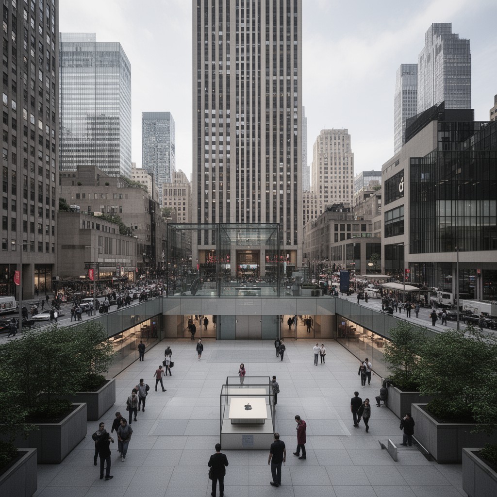 AI-generated illustration of GM Building plaza