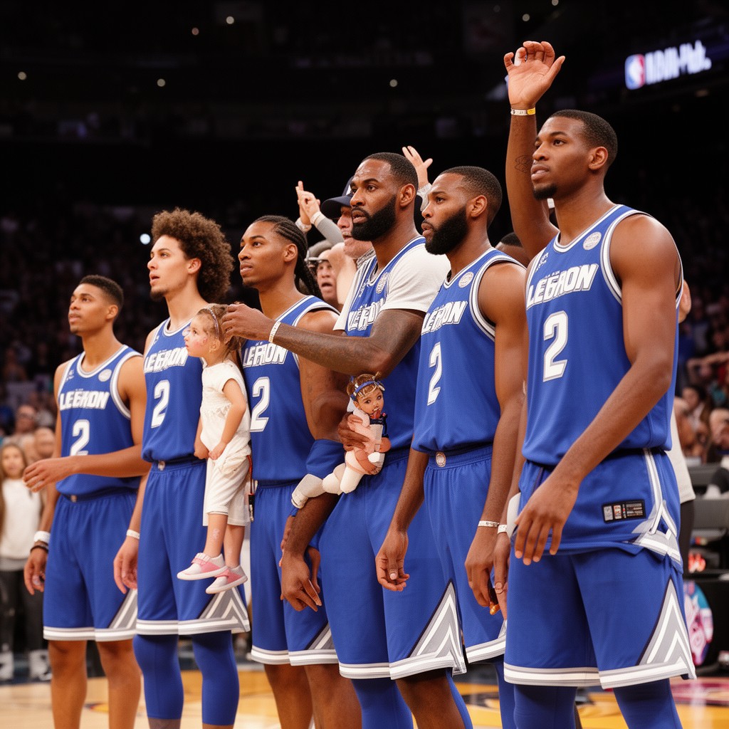 AI-generated illustration of Team LeBron players wore number 2 jerseys in honor of Gianna Bryant