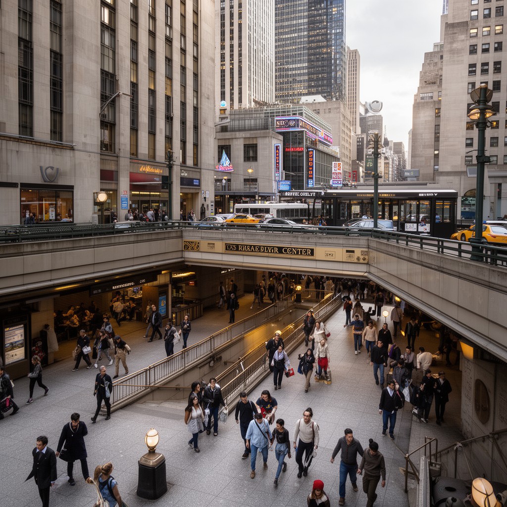 AI-generated illustration of Rockefeller Center subway station complex