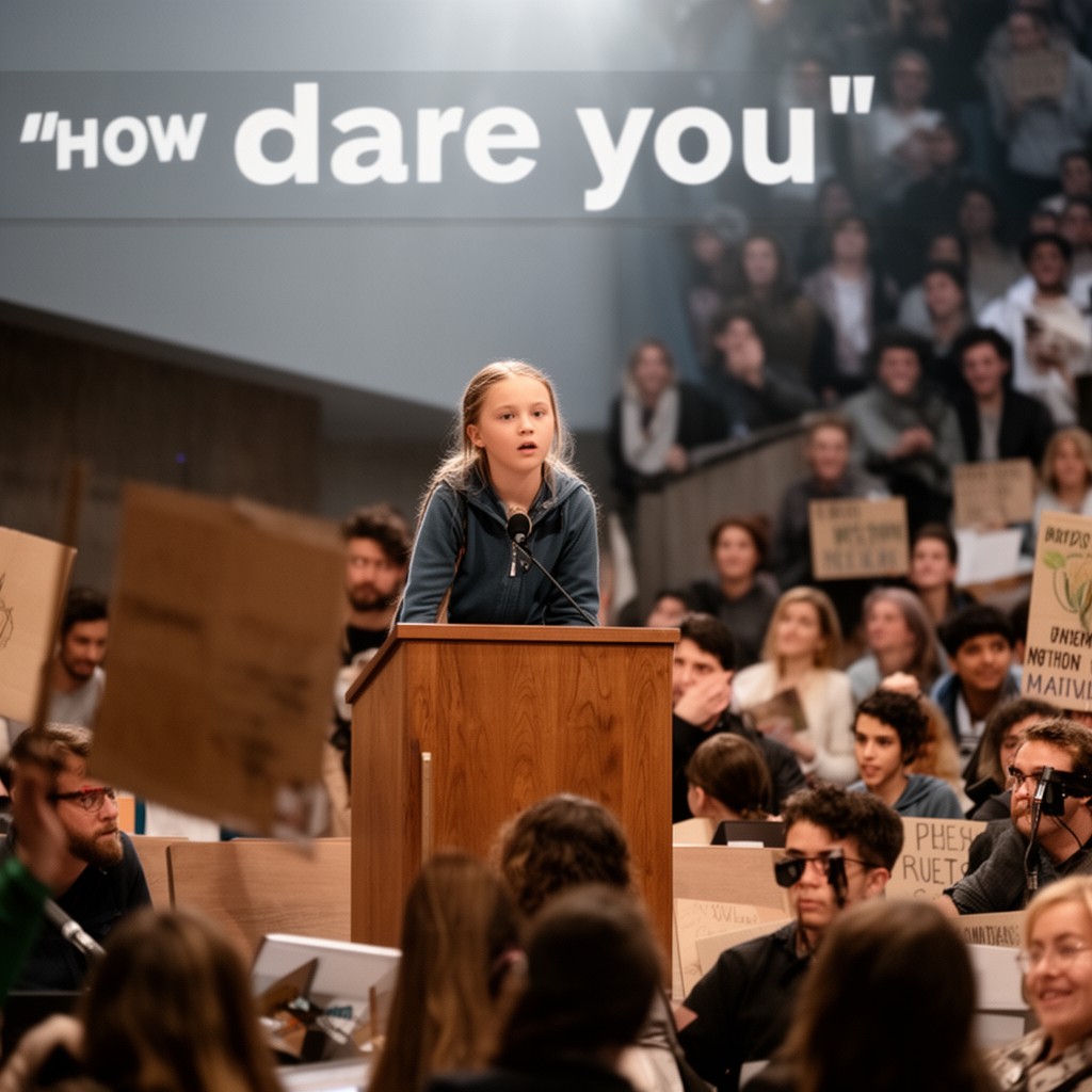 AI-generated illustration of "How dare you" speech at the UN in 2019