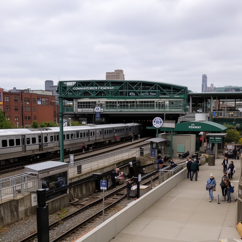 AI-generated illustration of MBTA Commuter Rail at Fenway station (nearby Yawkey/Lansdowne)