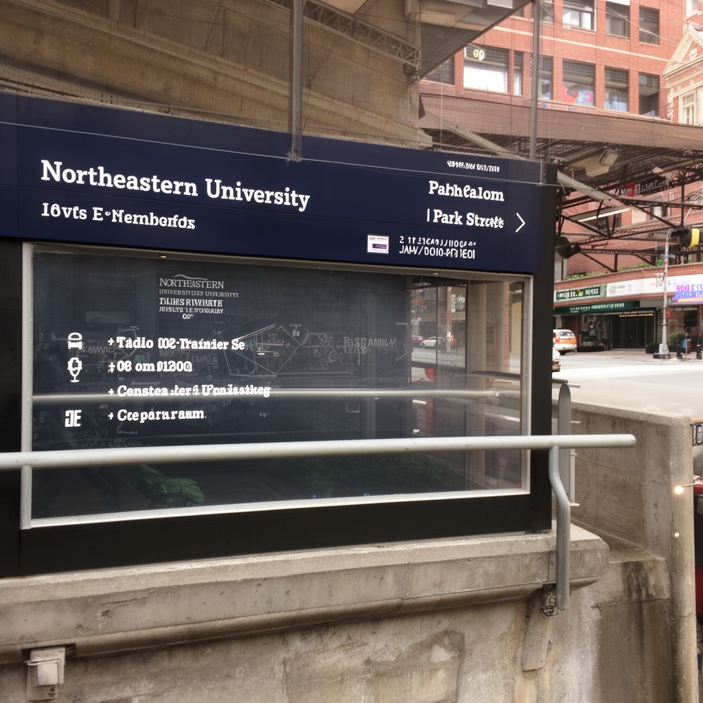 AI-generated illustration of Northeastern University (via nearby E branch transfer at Park Street)