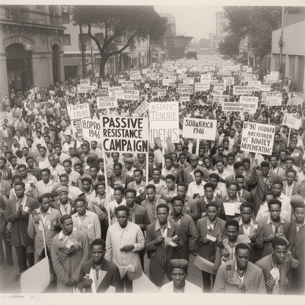 AI-generated illustration of 1946 Passive Resistance Campaign