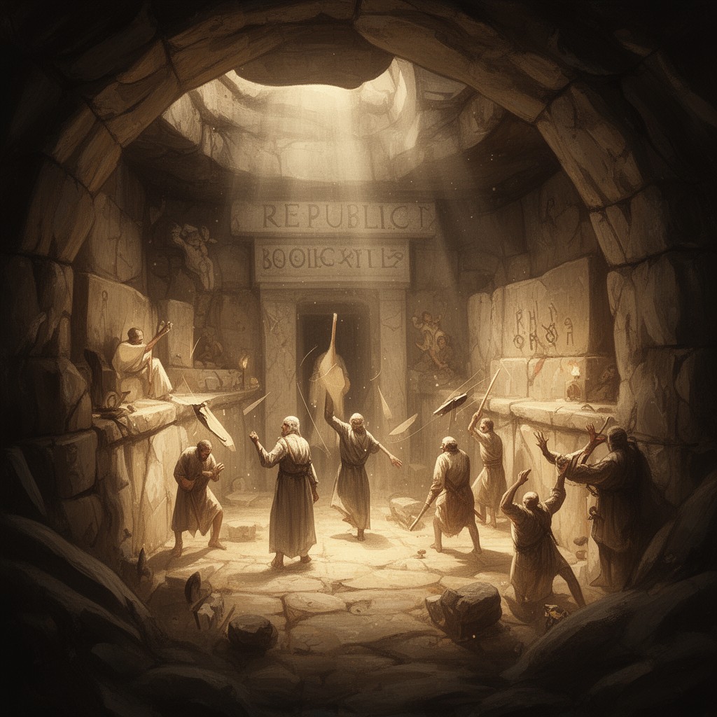 AI-generated illustration of Republic, Book VII (Allegory of the Cave)
