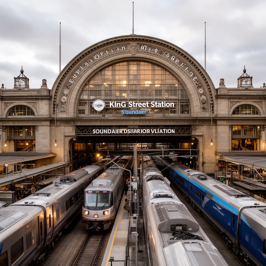 AI-generated illustration of King Street Station (Sounder commuter rail)
