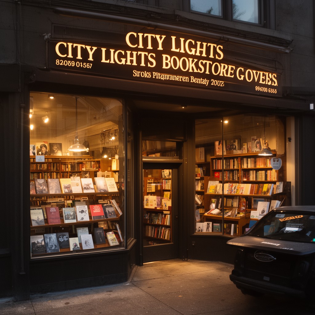 AI-generated illustration of City Lights Bookstore