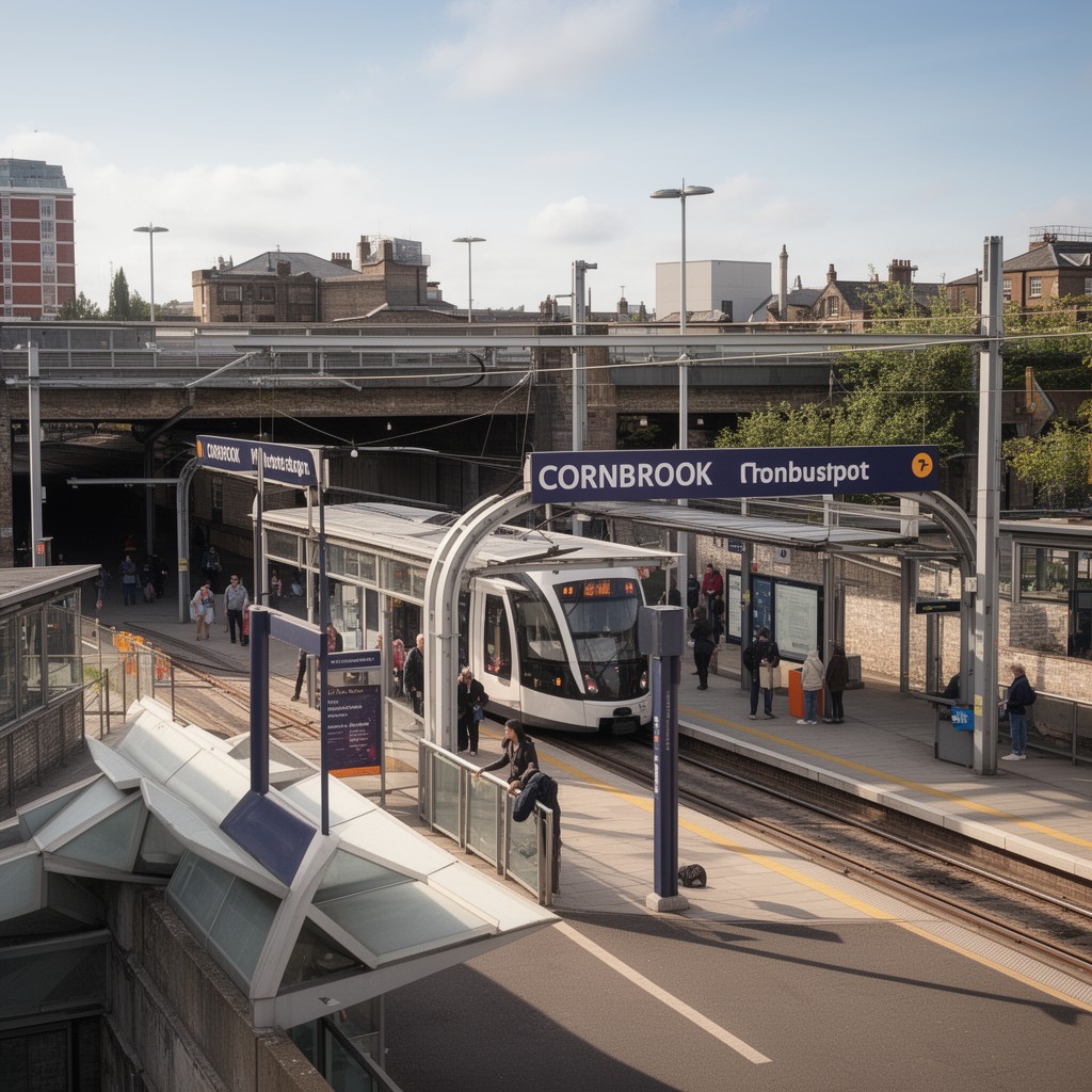 AI-generated illustration of Cornbrook tram stop