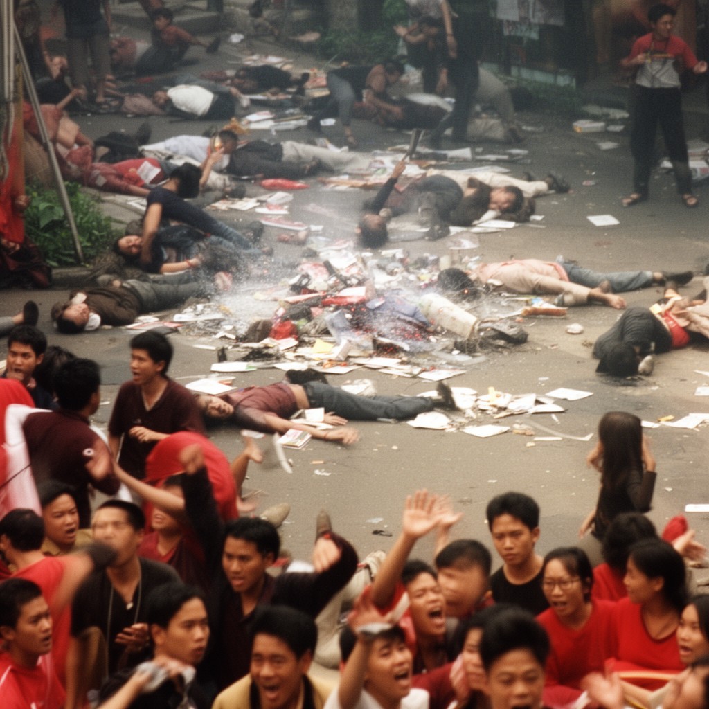 AI-generated illustration of May 1998 anti-Chinese riots in Indonesia