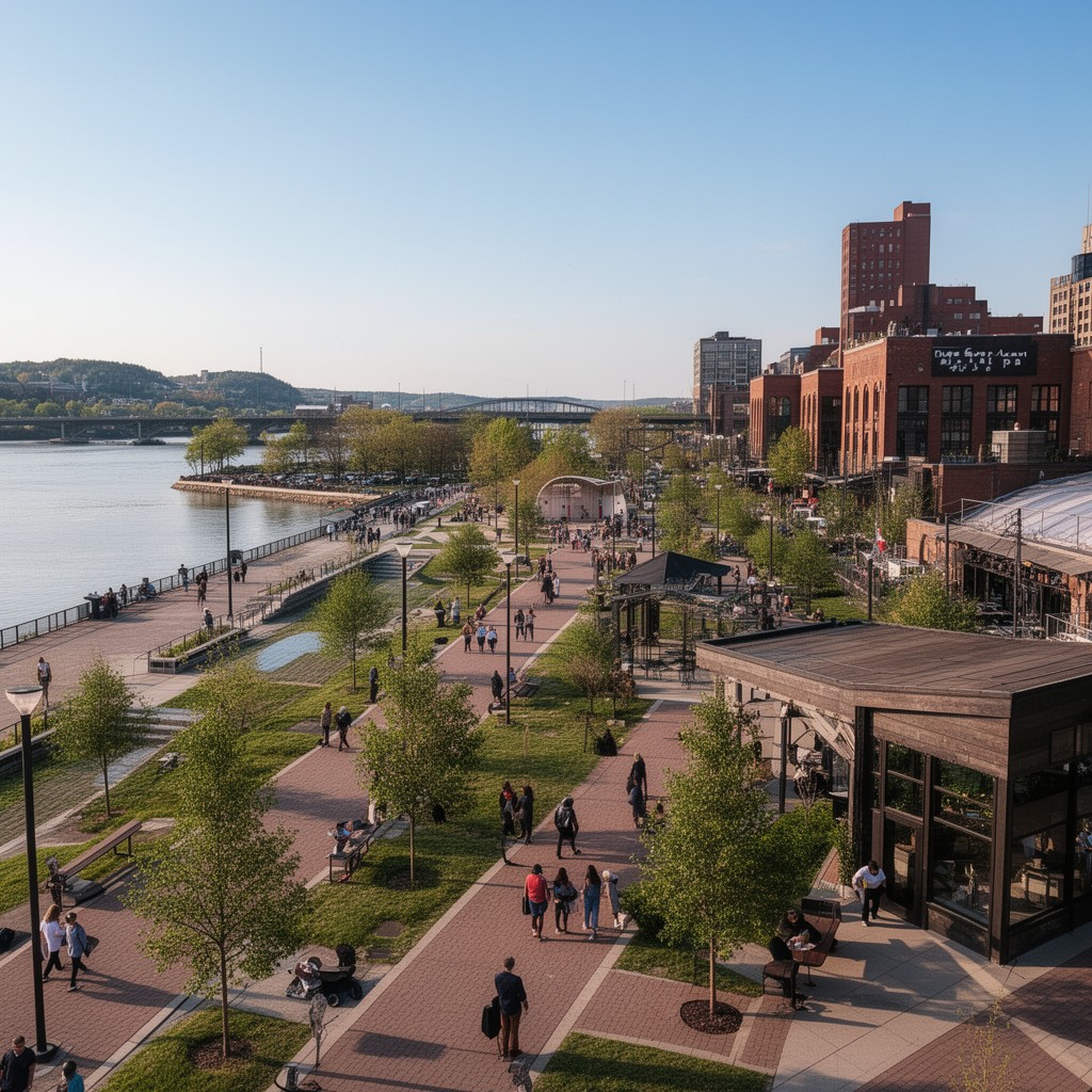 AI-generated illustration of Riverfront Plaza