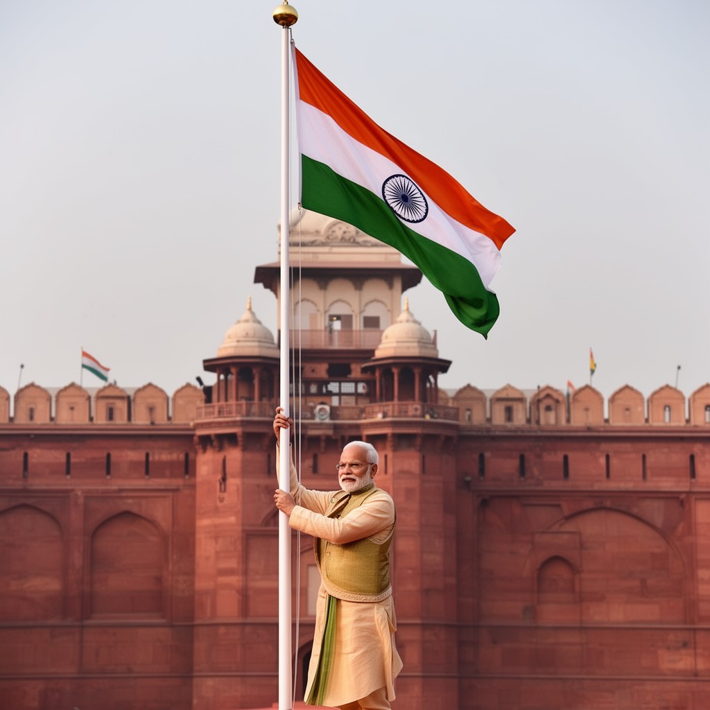 AI-generated illustration of Prime Minister hoists national flag at Red Fort