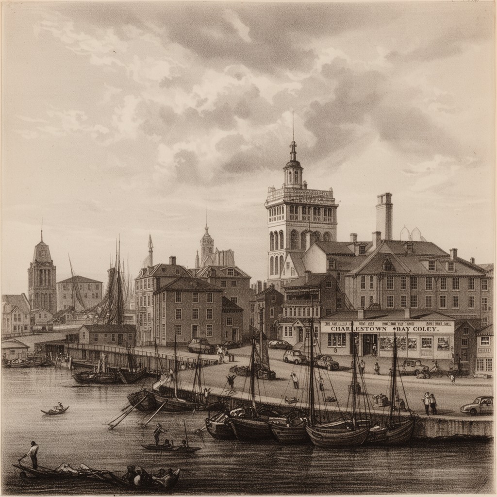 AI-generated illustration of Charlestown, Massachusetts Bay Colony