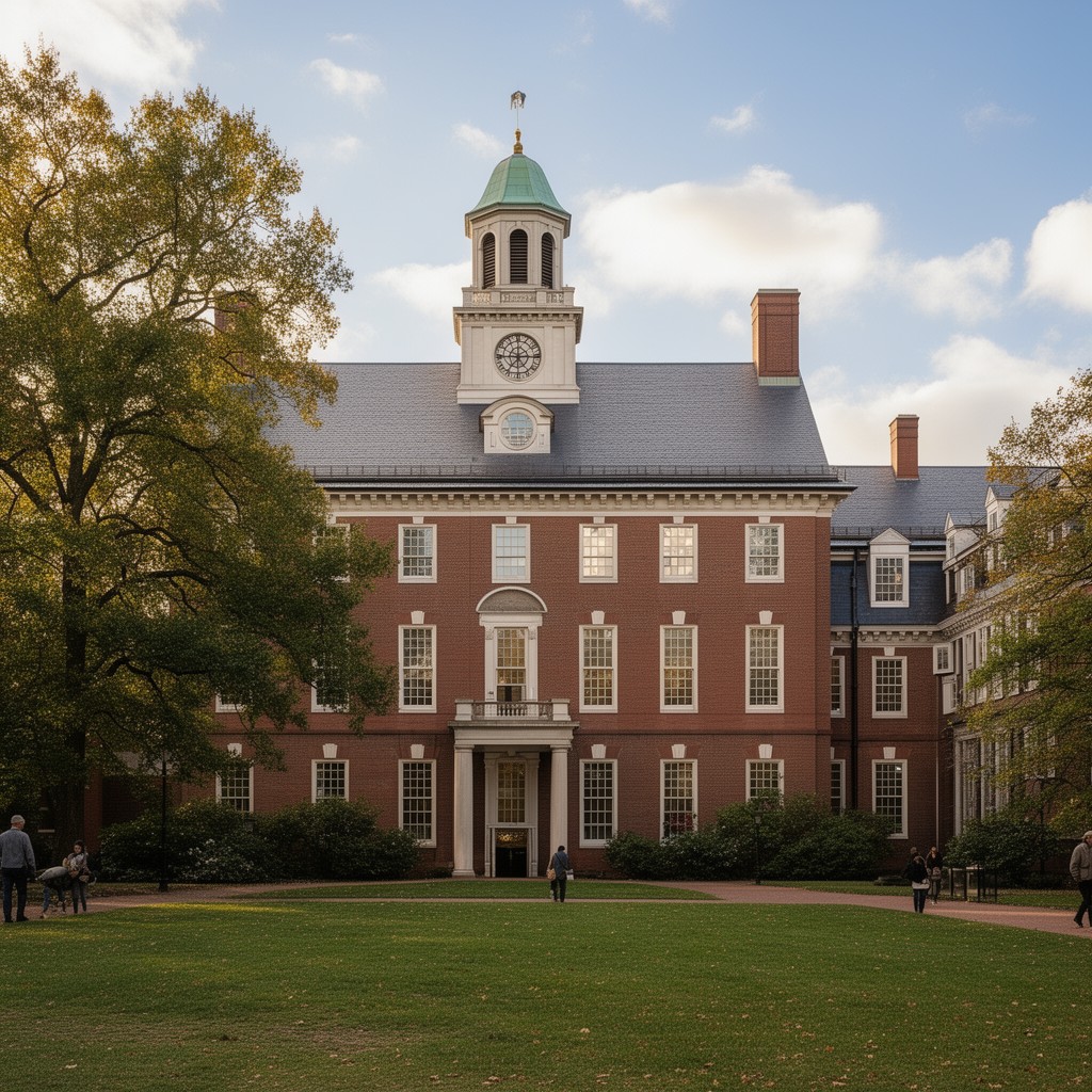 AI-generated illustration of Harvard Yard’s University Hall