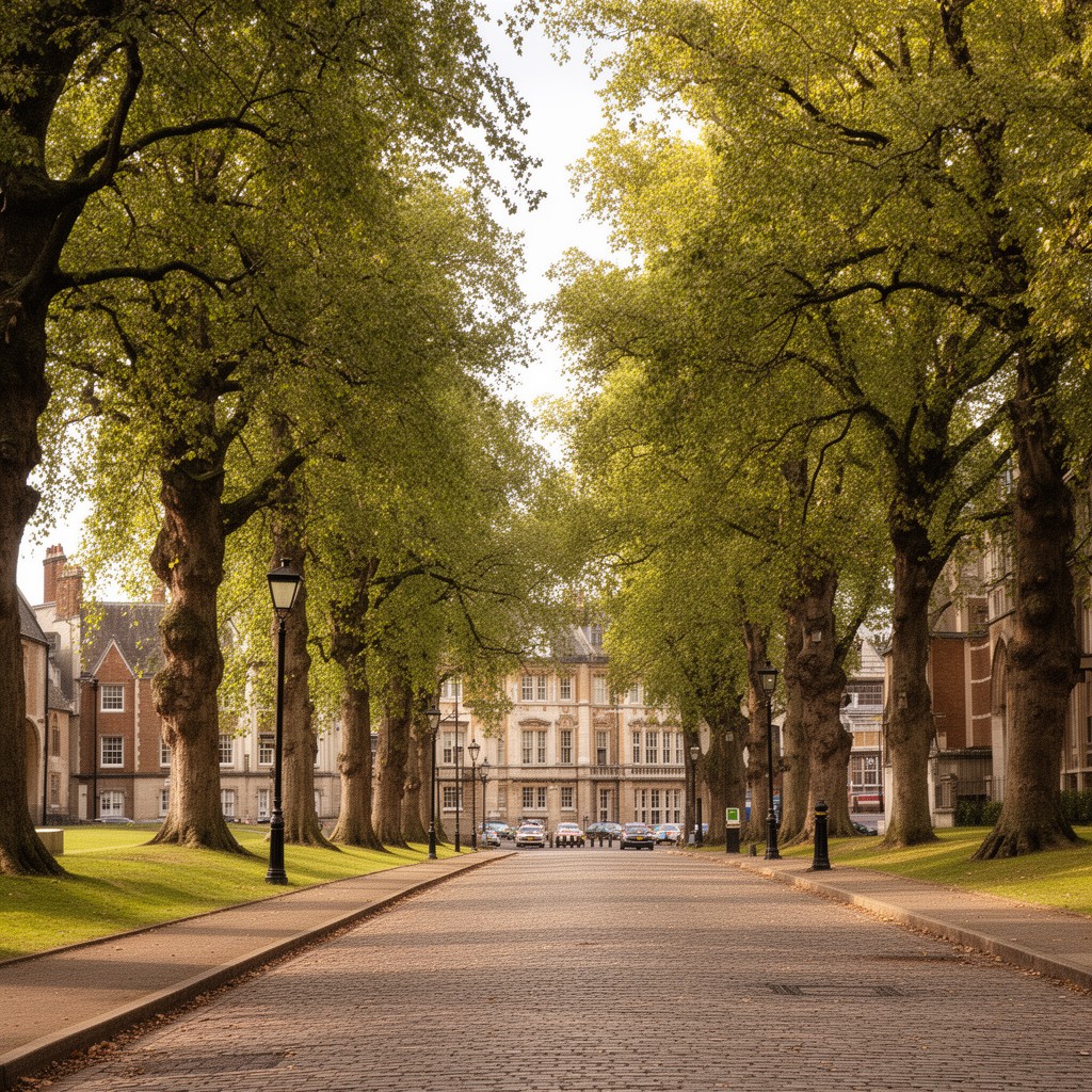 AI-generated illustration of Queens’ Road, Cambridge