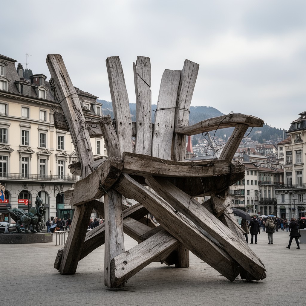 AI-generated illustration of Broken Chair sculpture