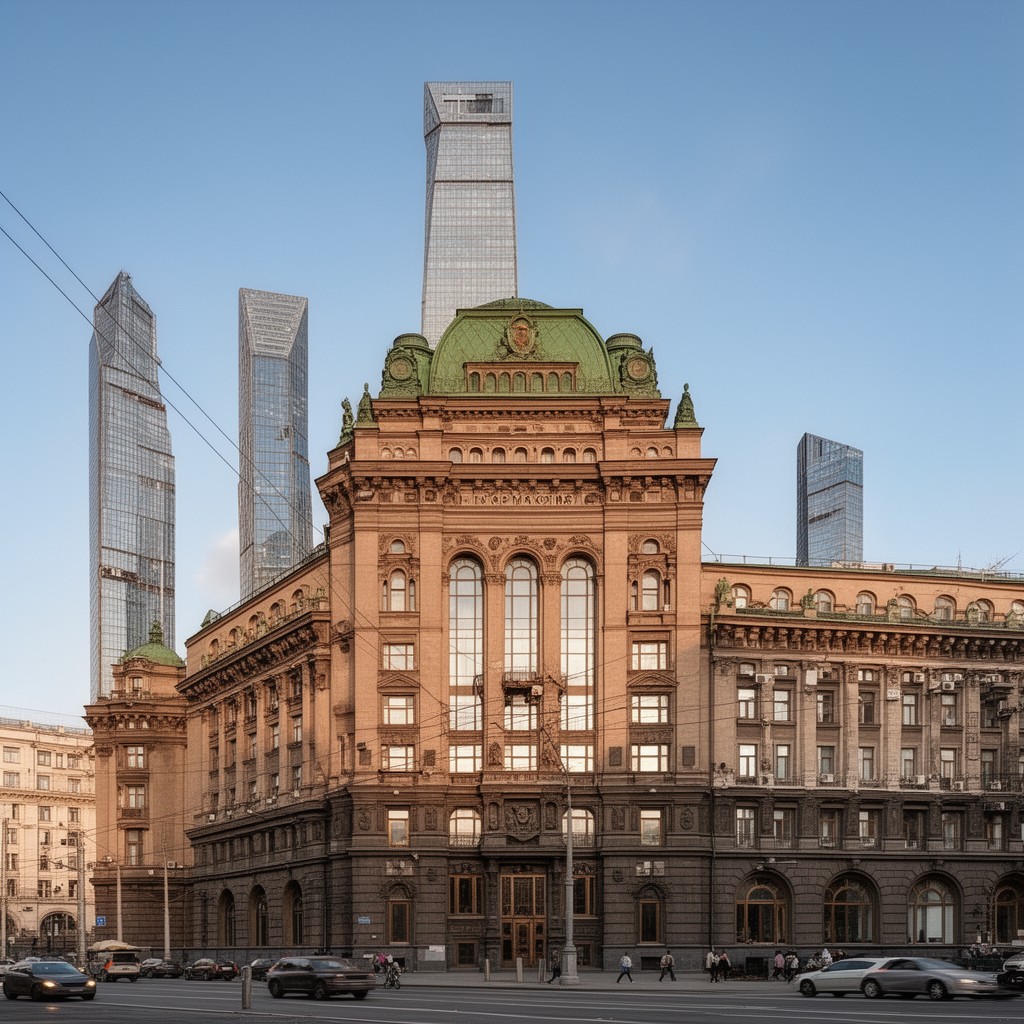 AI-generated illustration of Moscow City Duma building on Strastnoy Boulevard