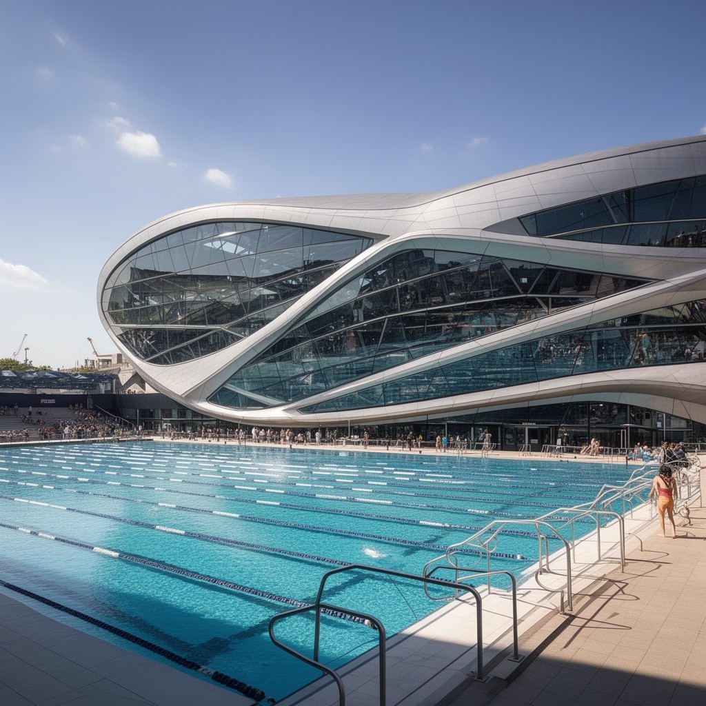 AI-generated illustration of London Aquatics Centre