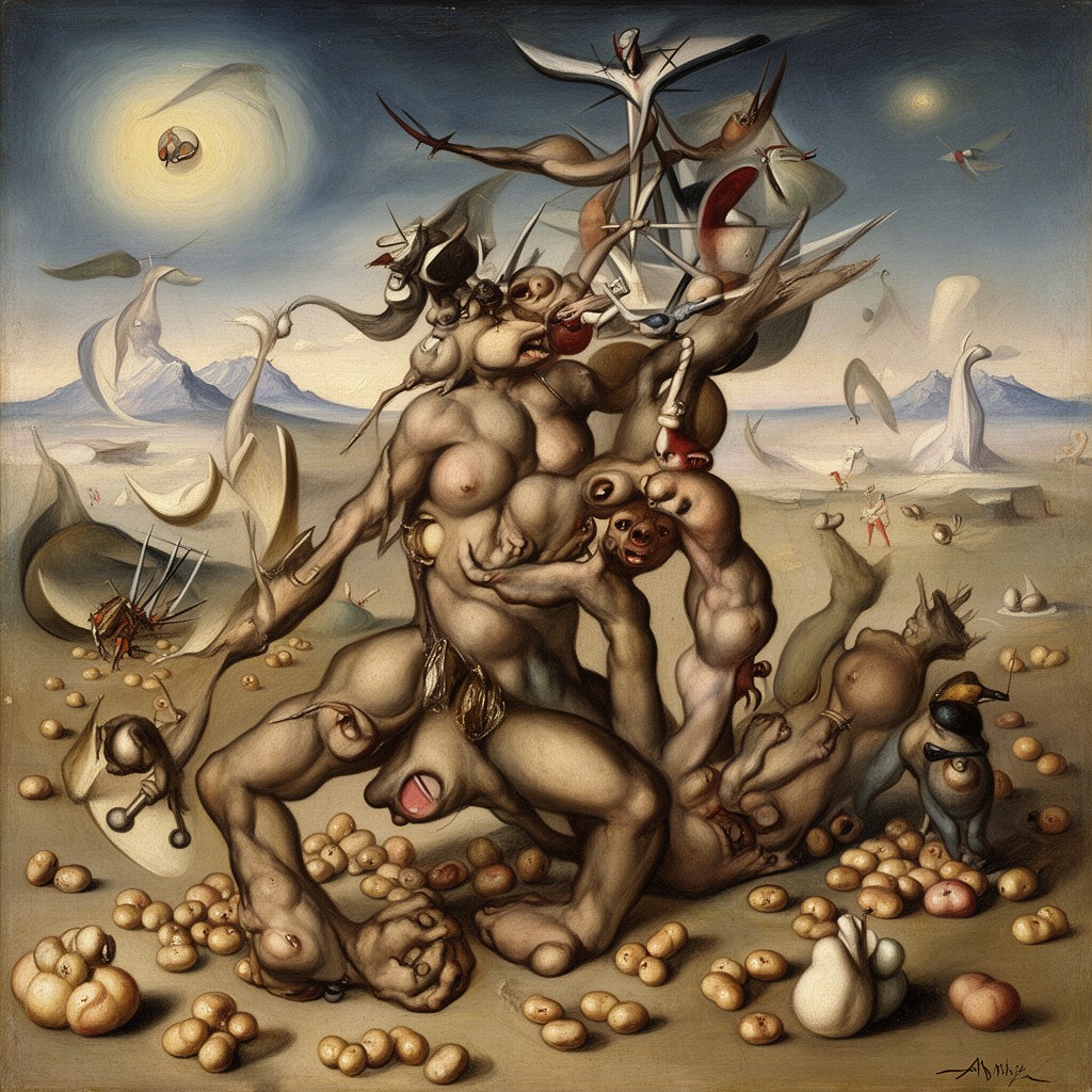 AI-generated illustration of Soft Construction with Boiled Beans (Premonition of Civil War)