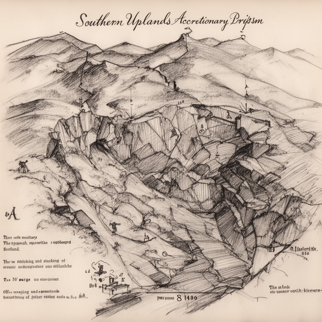 AI-generated illustration of Southern Uplands accretionary prism