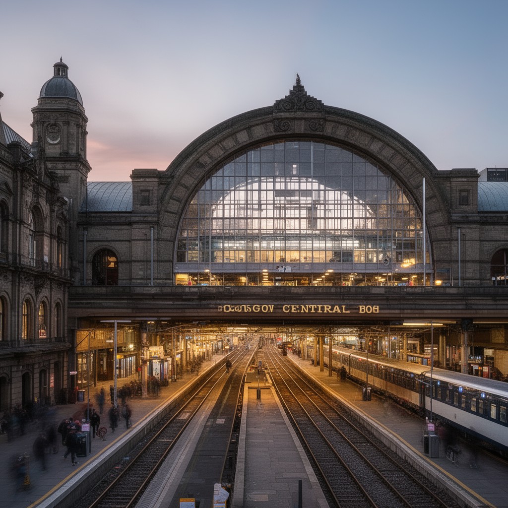 AI-generated illustration of Glasgow Central railway station