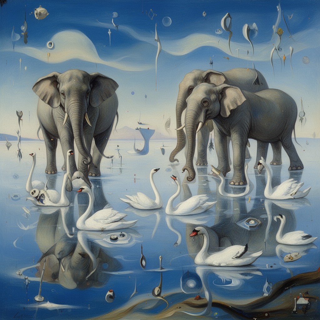 AI-generated illustration of Swans Reflecting Elephants
