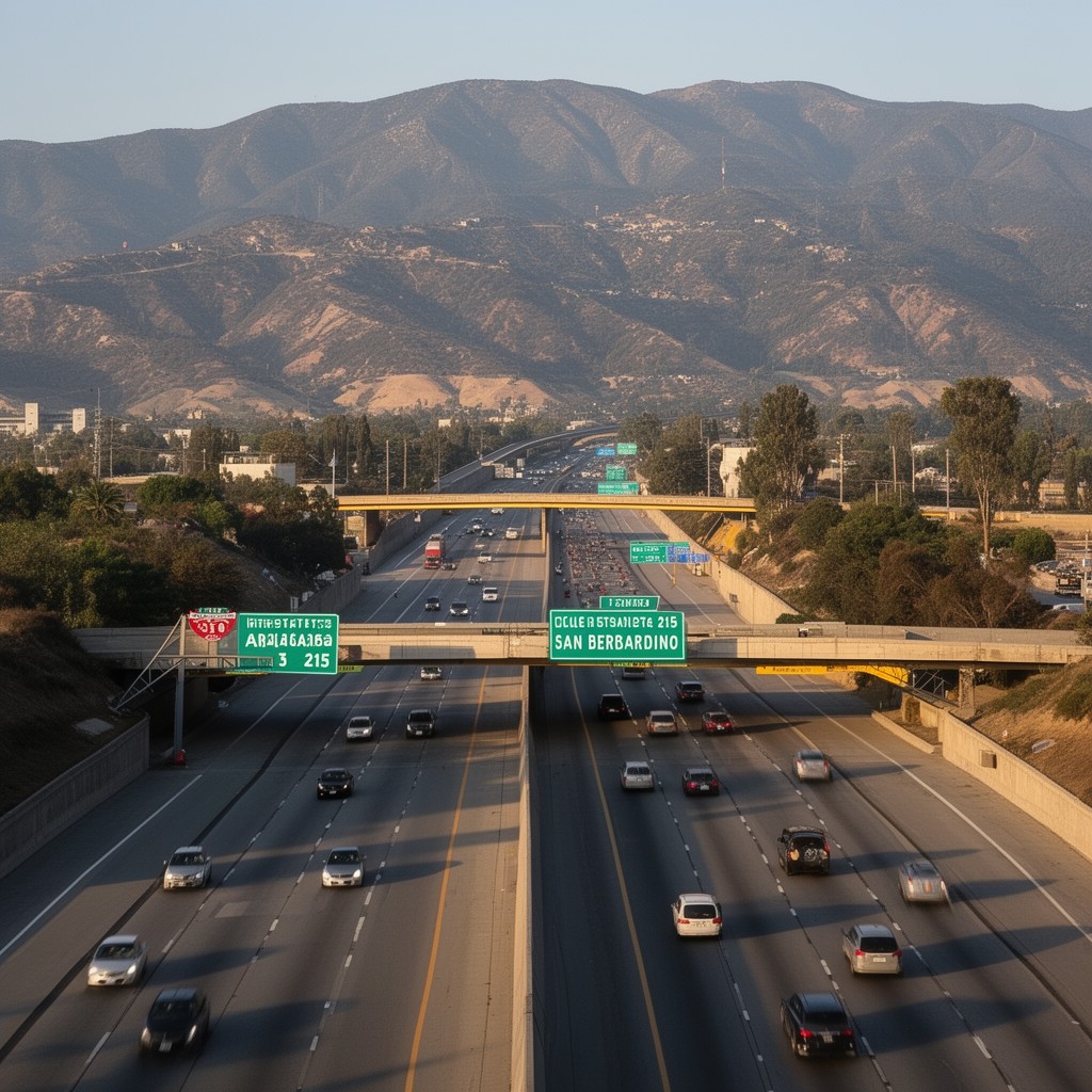 AI-generated illustration of Interstate 215 in San Bernardino