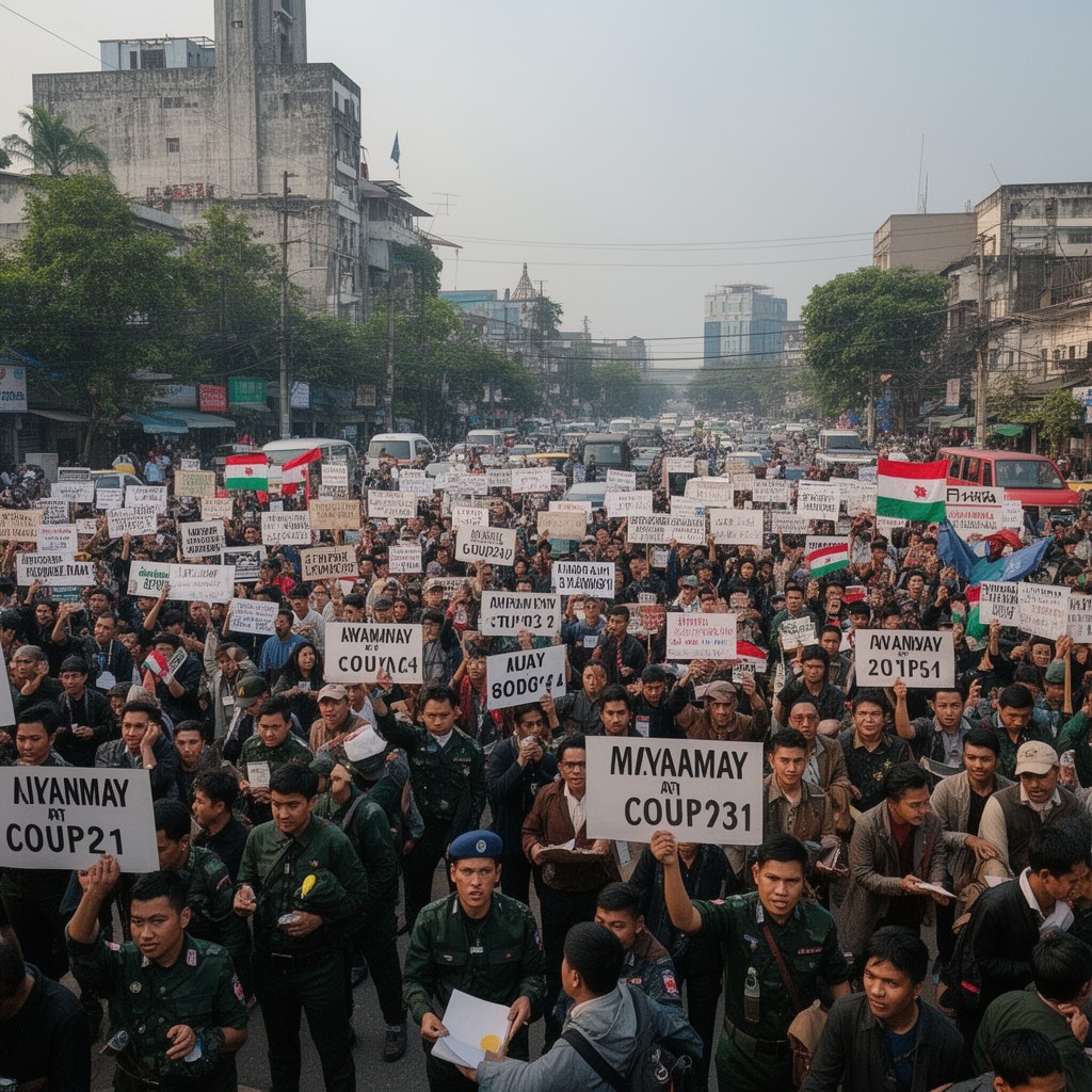 AI-generated illustration of 2021 Myanmar anti-coup protests