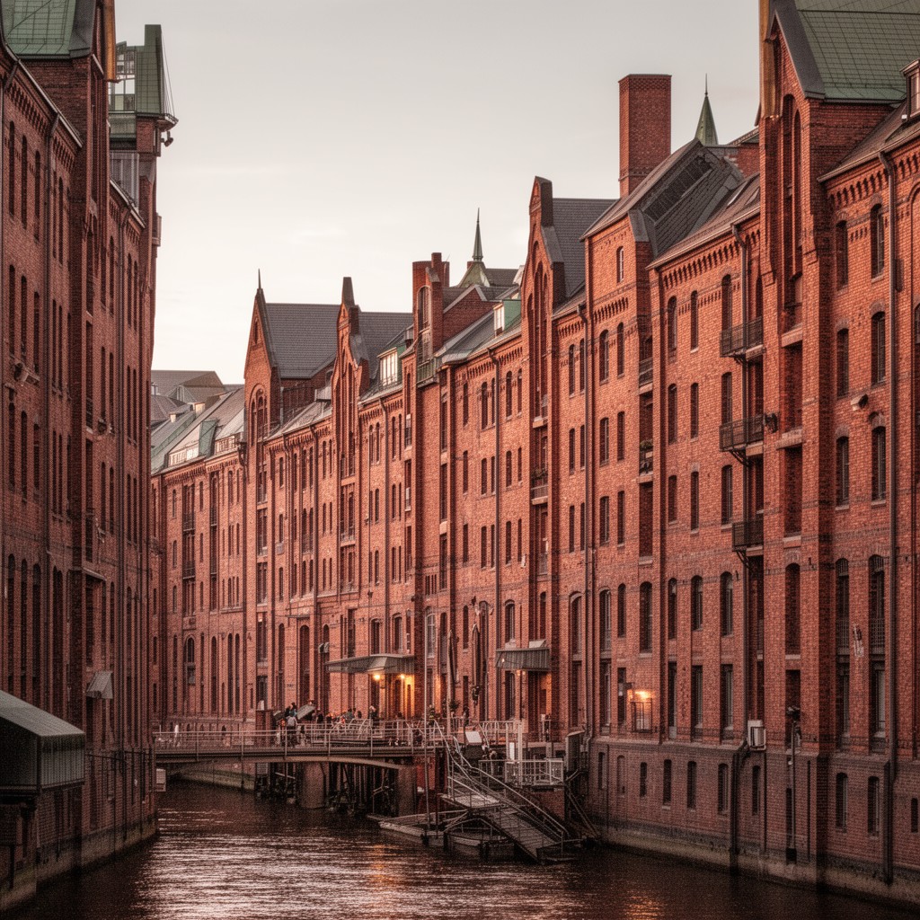 AI-generated illustration of Speicherstadt warehouse district