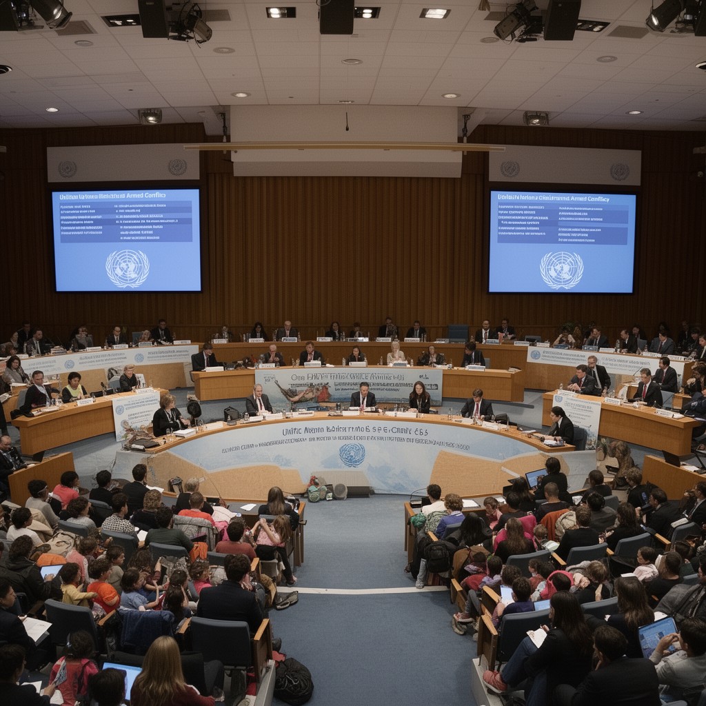 AI-generated illustration of United Nations debates on children and armed conflict
